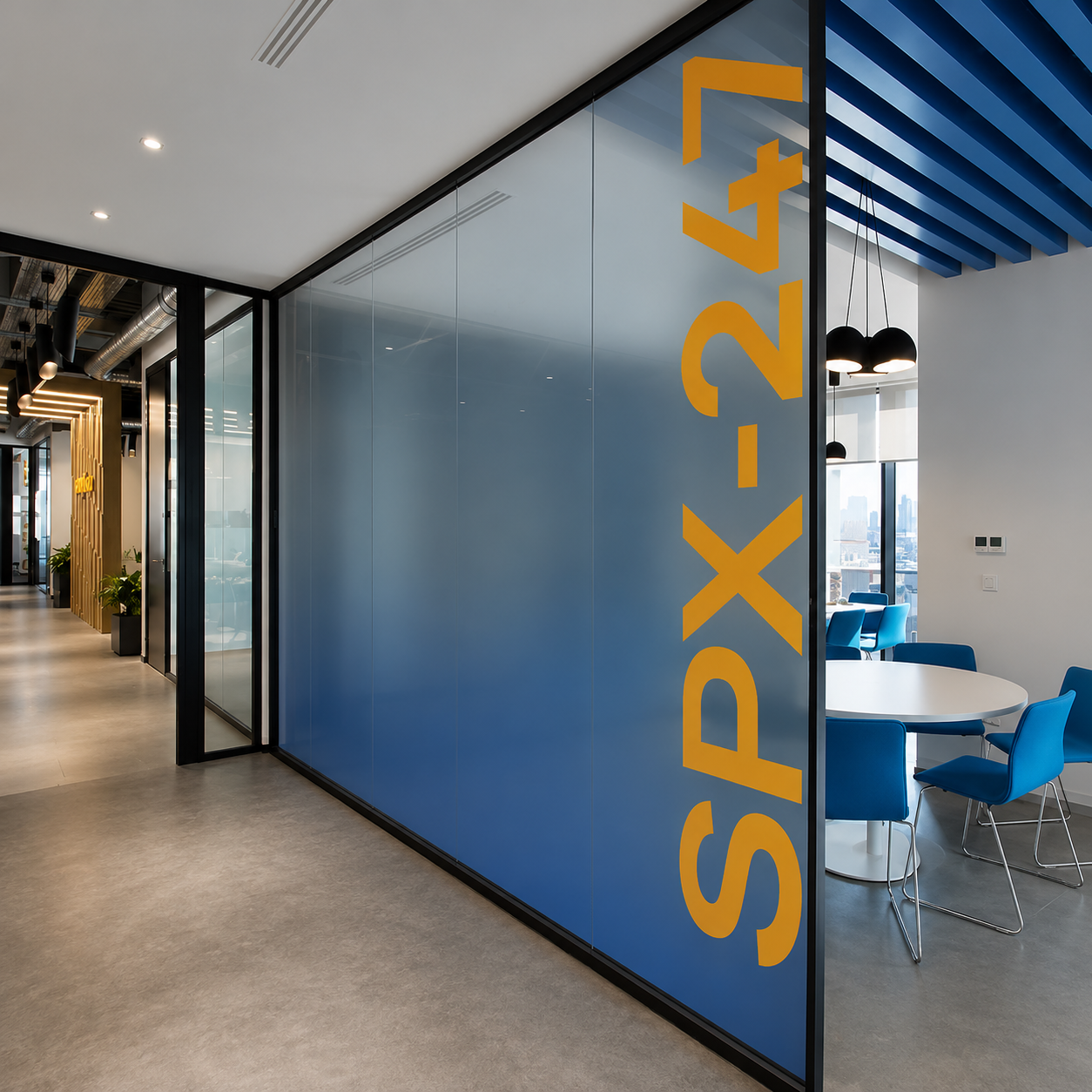 Blue Frosted Glass Film with Bold Typography