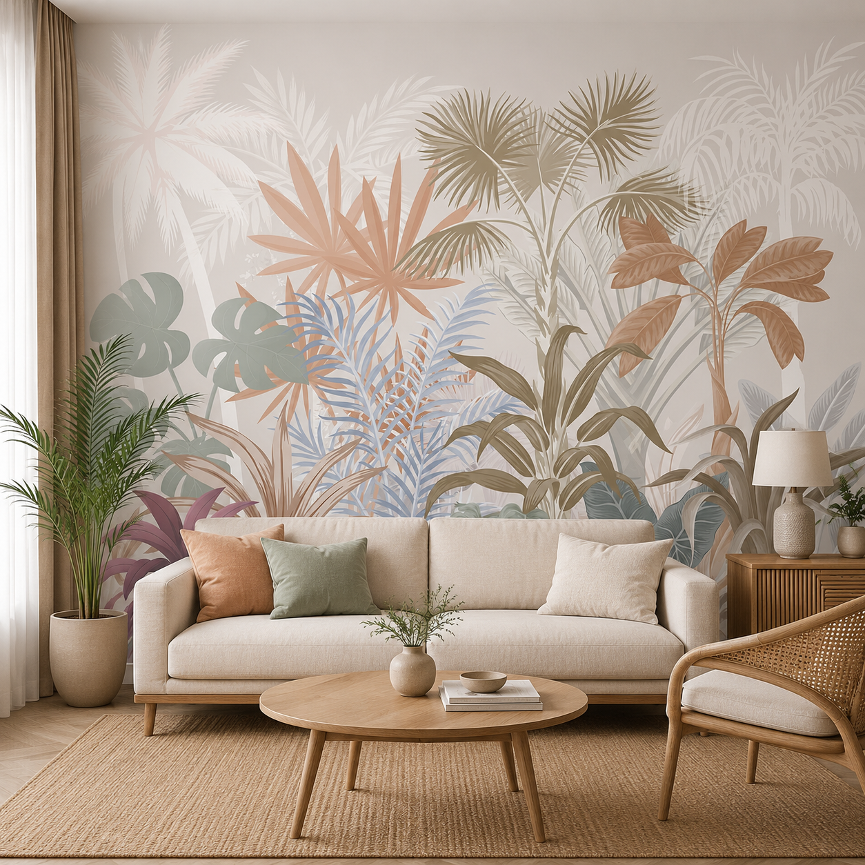 Pastel Tropical Botanical Wallpaper – Luxury Nature-Inspired Wall Mural