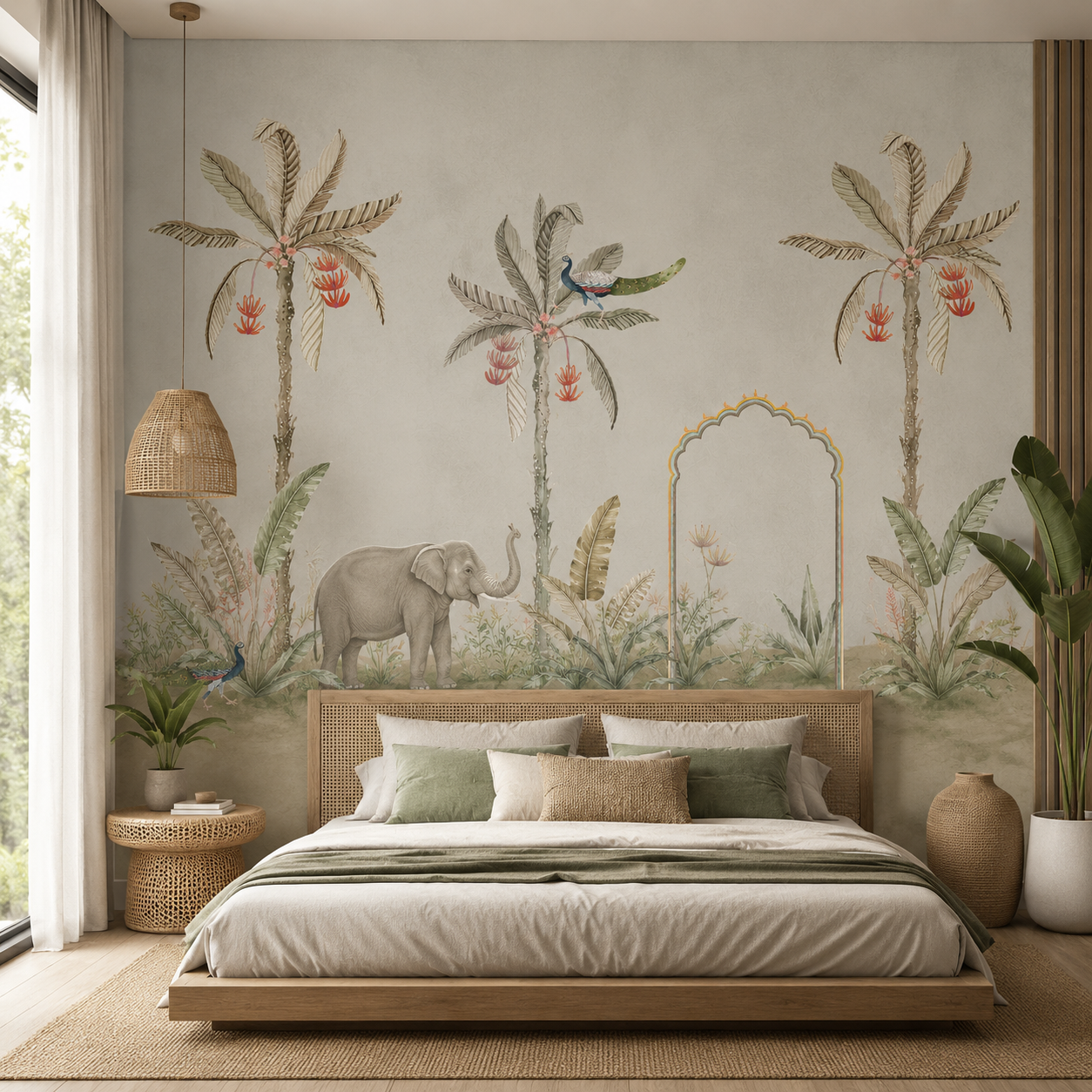 Luxury Safari Botanical Wallpaper – Elephant & Tropical Garden Wall Mural