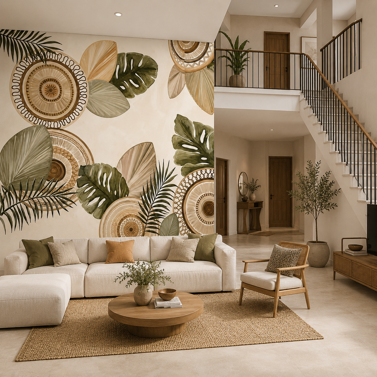 Boho Tropical Rattan Wallpaper | Neutral Botanical Wall Mural