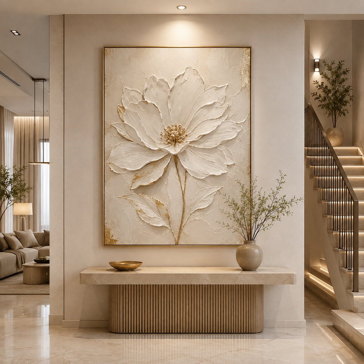 Luxury 3D Textured White Floral Canvas Wall Art with Gold Accents