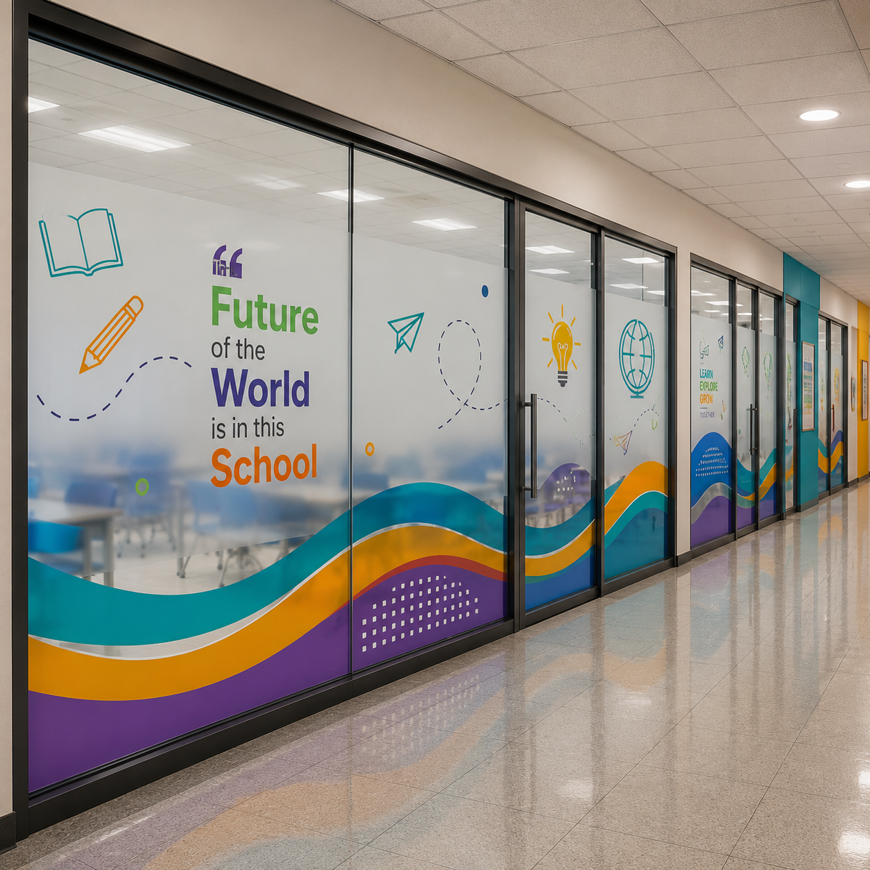 School Corridor Frosted Glass Film with Educational Graphics