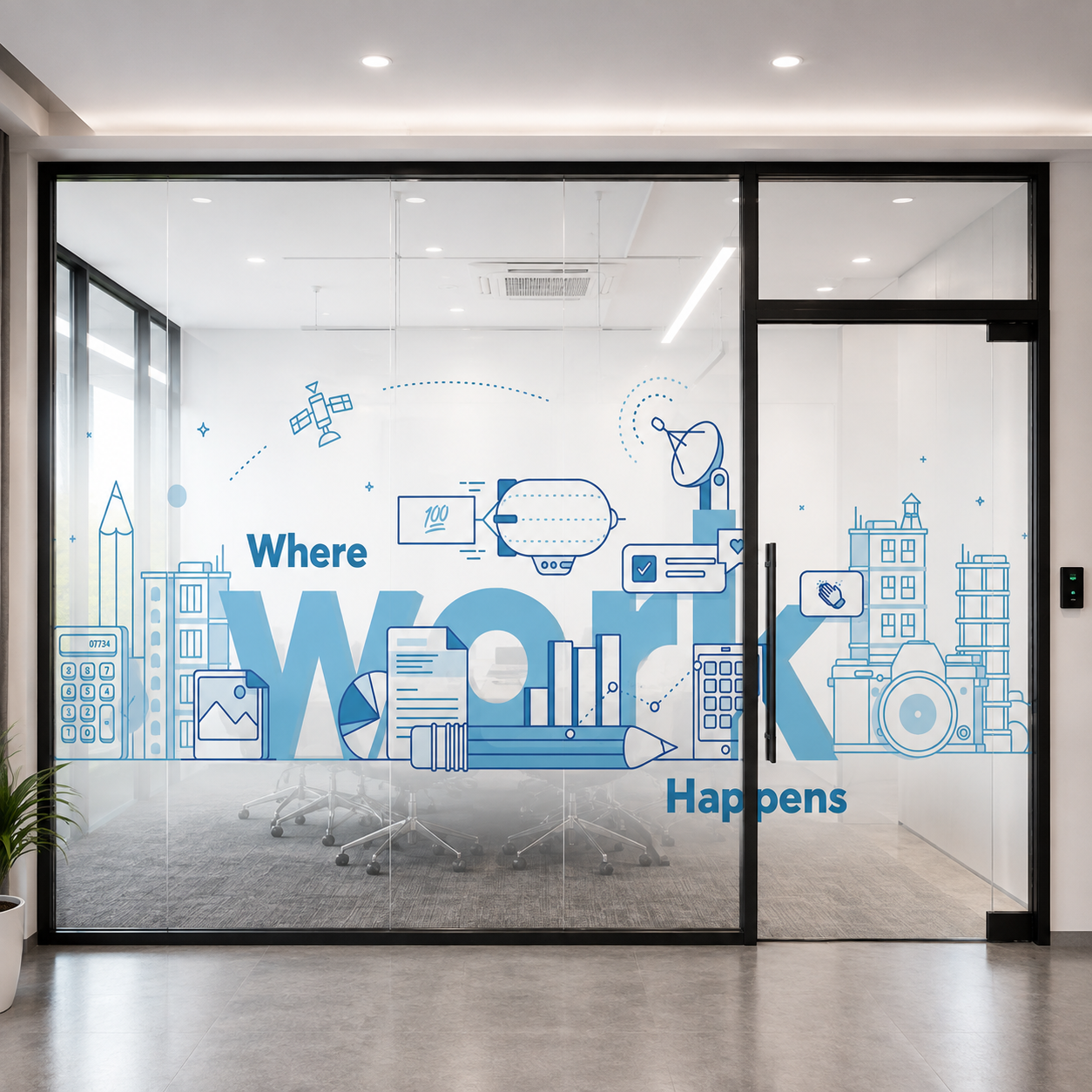 Creative Office Glass Film with "Where Work Happens" Design