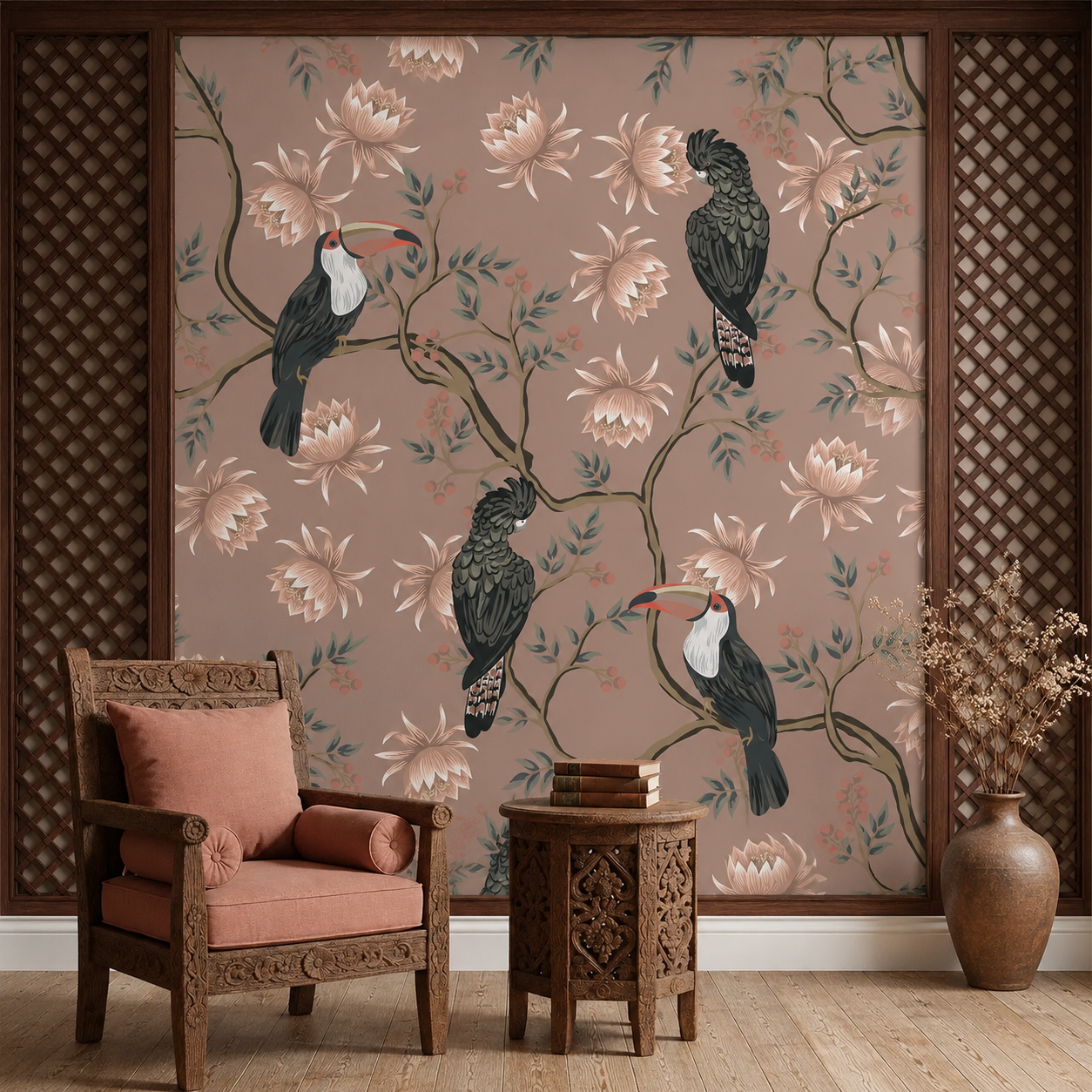 Blush Tropical Toucan & Cockatoo Botanical Wallpaper