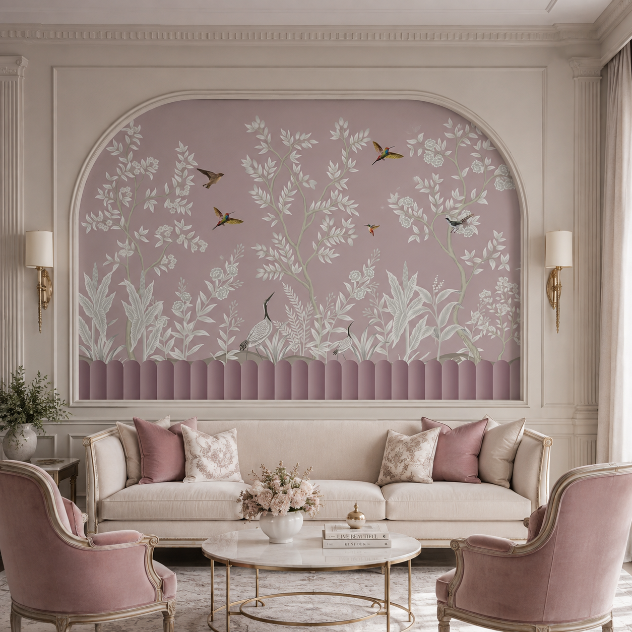 Blush Garden Birds Botanical Wallpaper – Luxury Floral Wall Mural