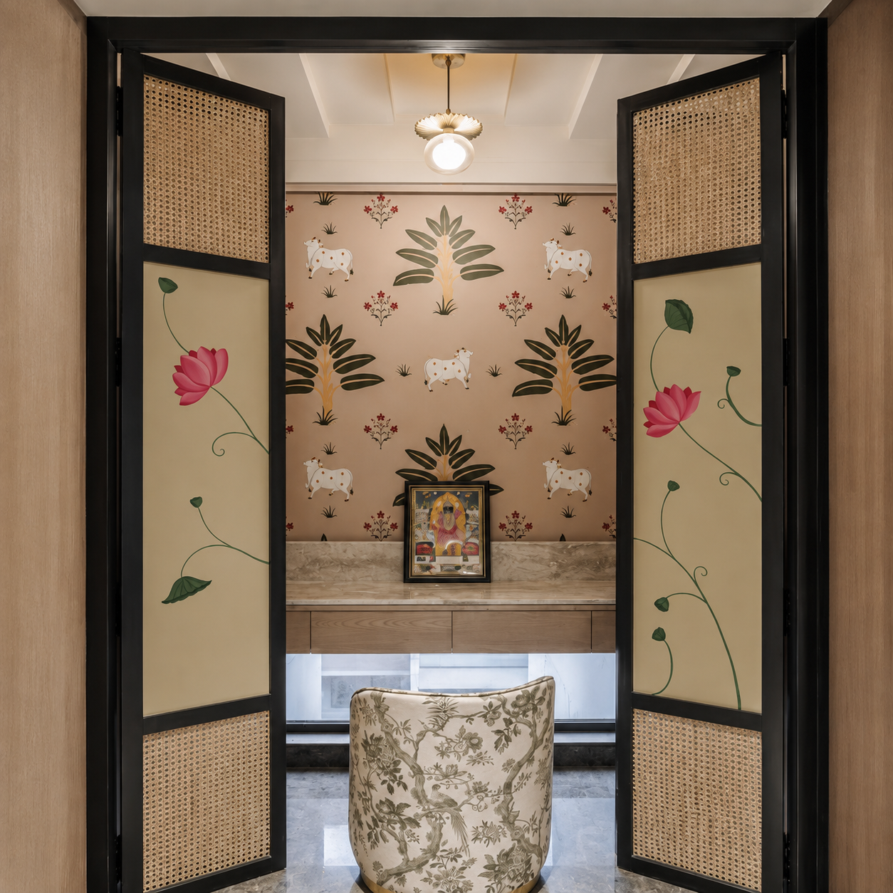Pichwai Cow & Tree Wallpaper | Traditional Temple Wall Mural