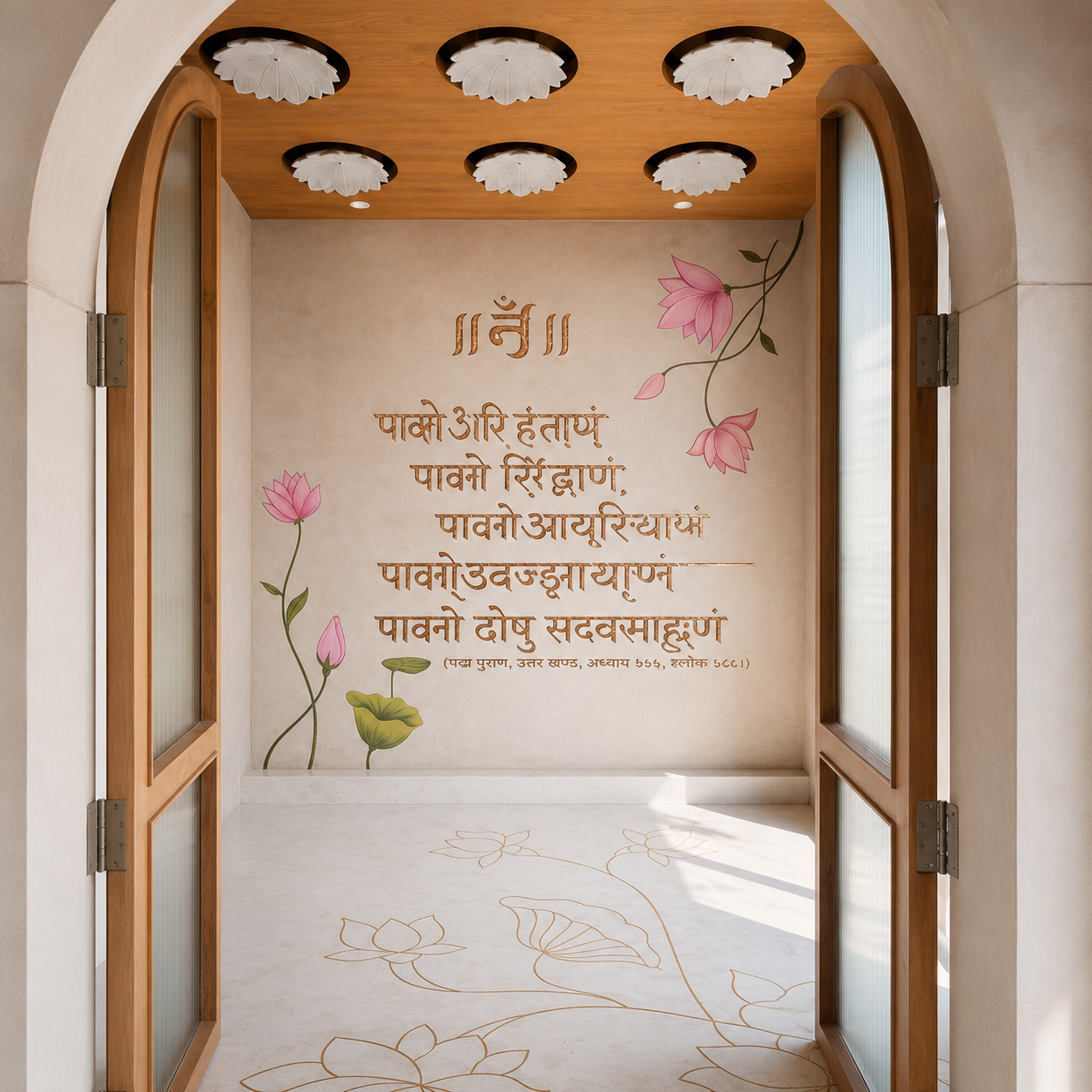 Golden Sanskrit Mantra Temple Wallpaper | Lotus Spiritual Wall Mural