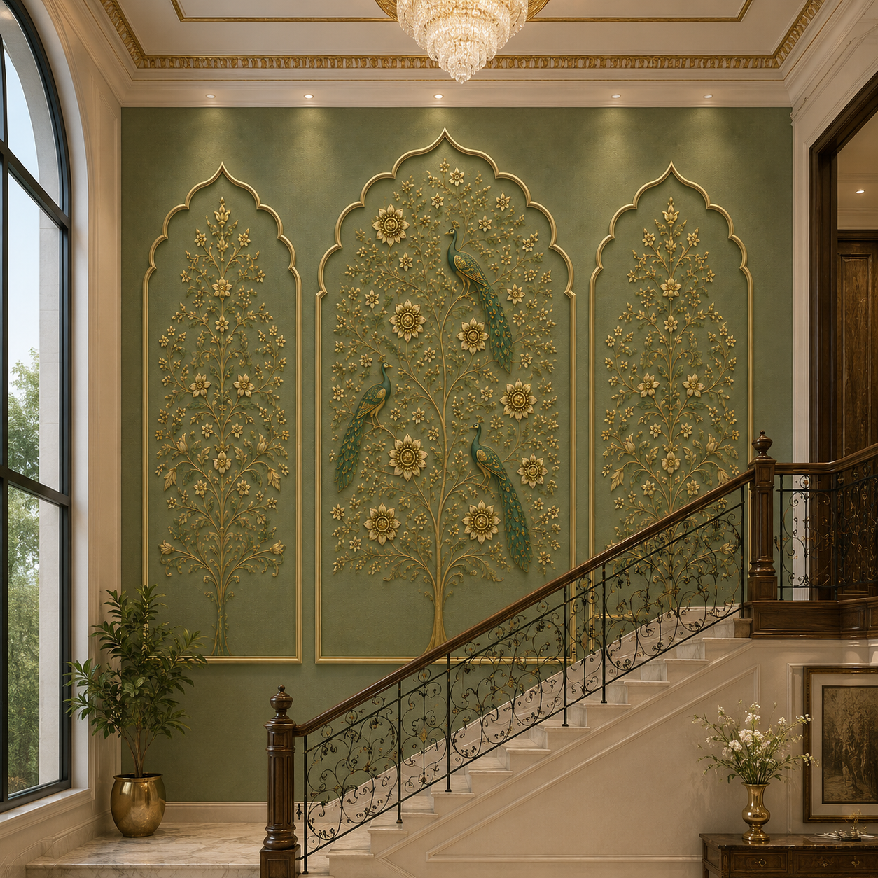 Luxury Peacock Arch Wallpaper – Sage Green Floral Wall Mural