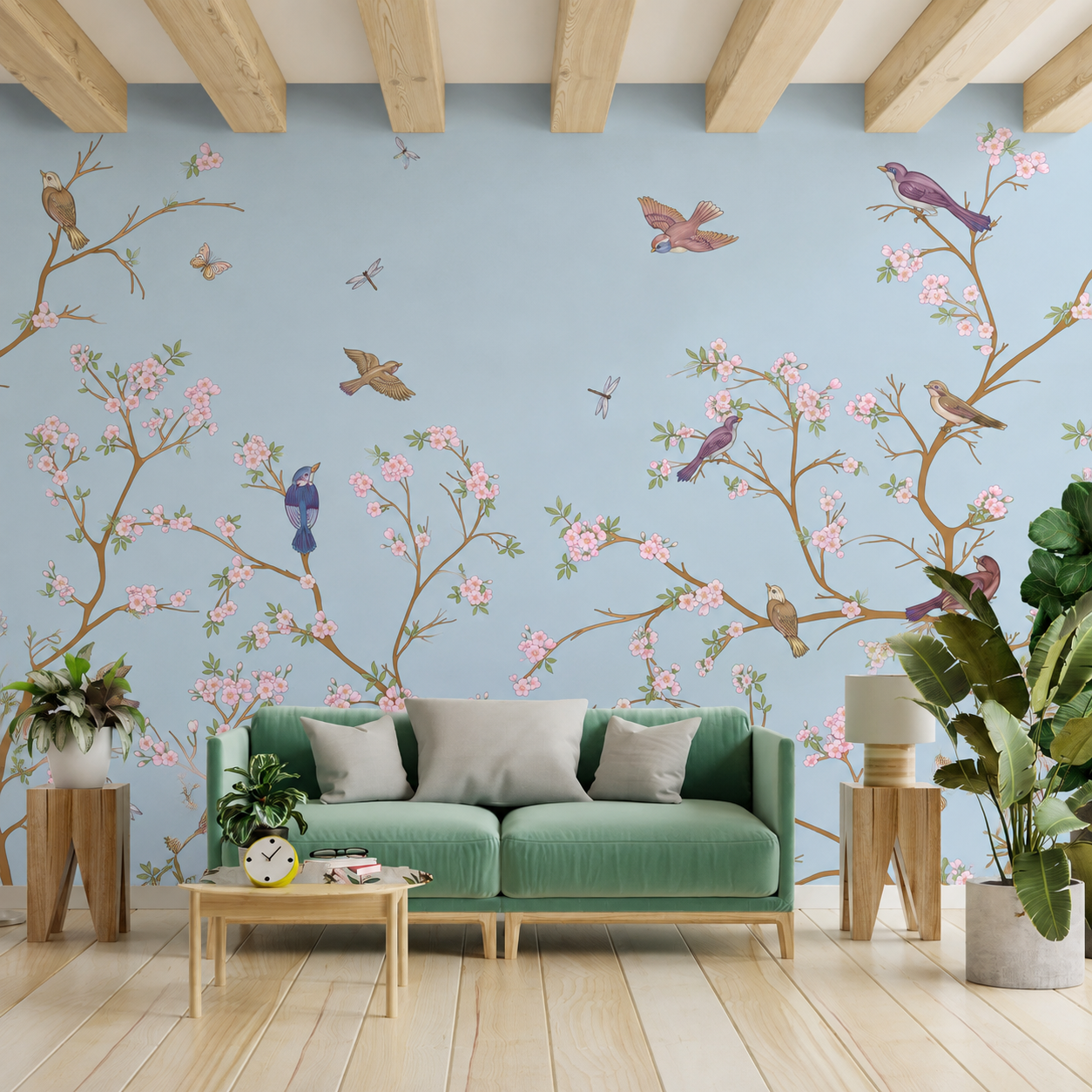Cherry Blossom Birds Chinoiserie Wallpaper – Luxury Botanical Wall Mural