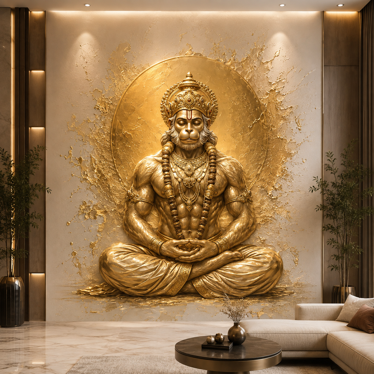 Golden 3D Meditating Hanuman Wall Mural | Luxury Spiritual Wallpaper