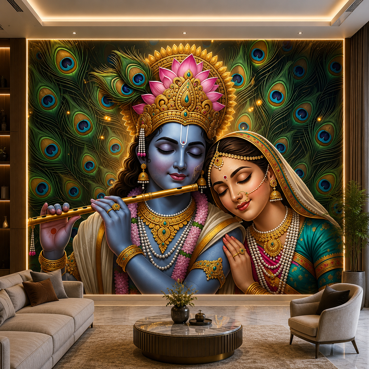 Divine Radha Krishna Peacock Feather Wallpaper | Luxury 3D Spiritual Wall Mural