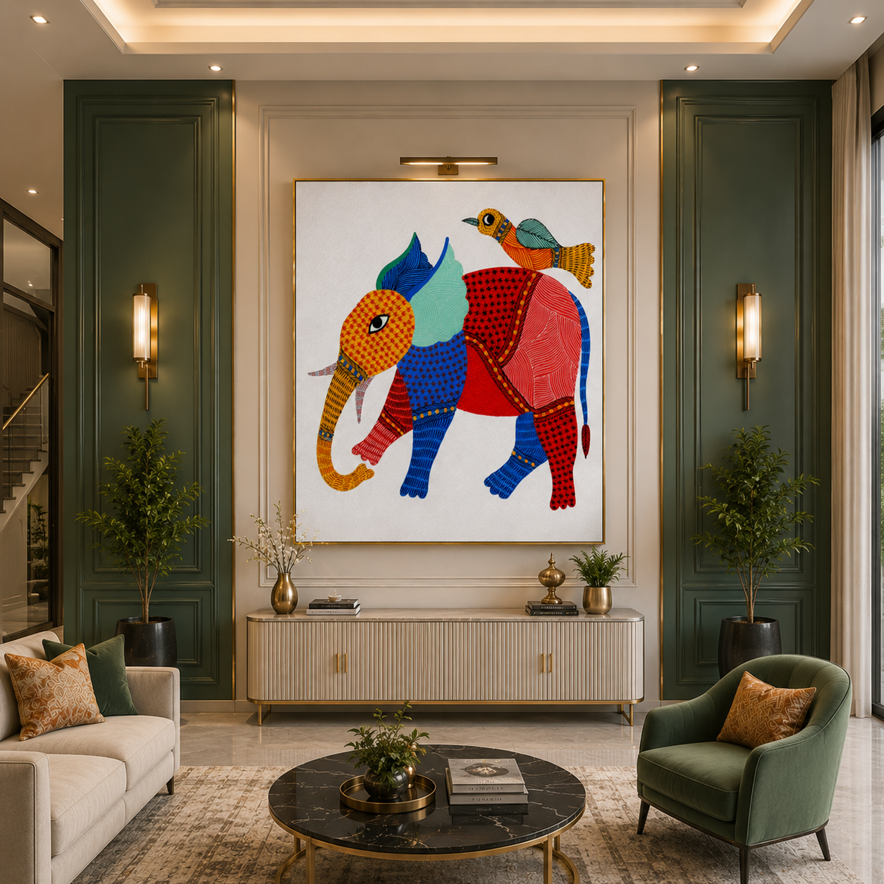 Colorful Elephant & Bird Folk Art Painting