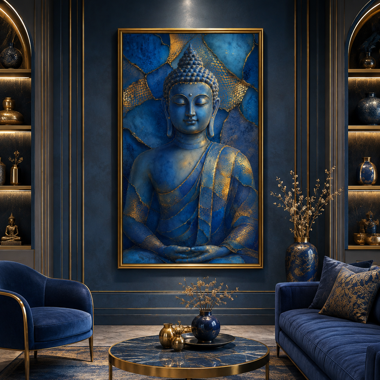 Blue & Gold Buddha Meditation Wall Art Painting