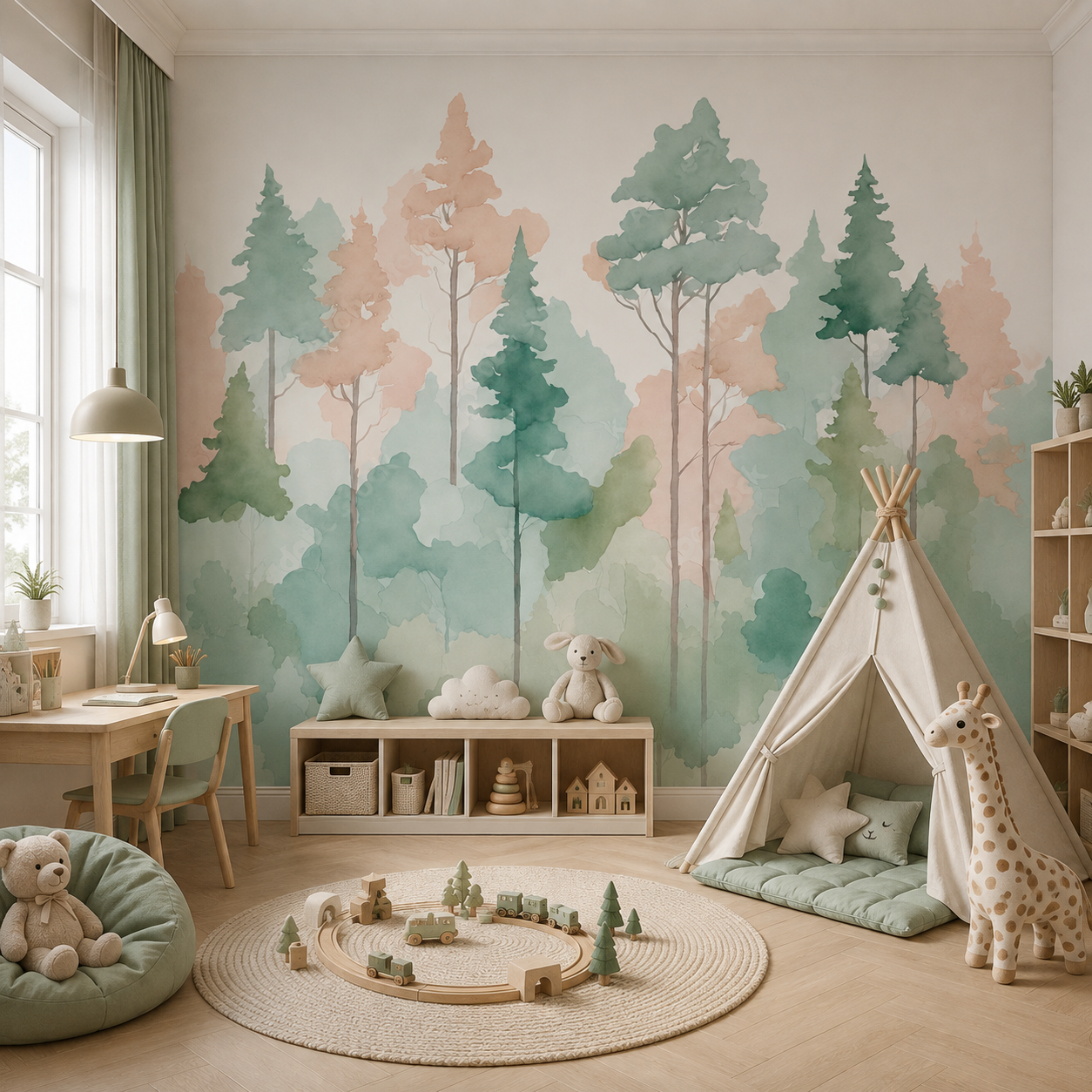Pastel Watercolor Forest Kids Room Wallpaper