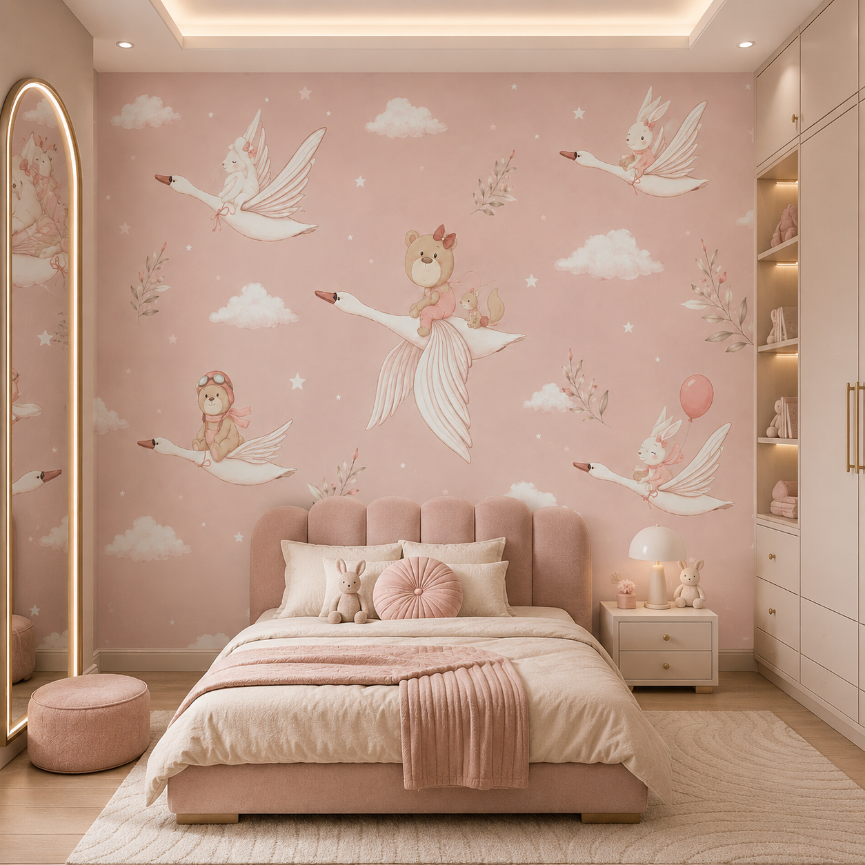 Dreamy Swan & Bunny Kids Wallpaper