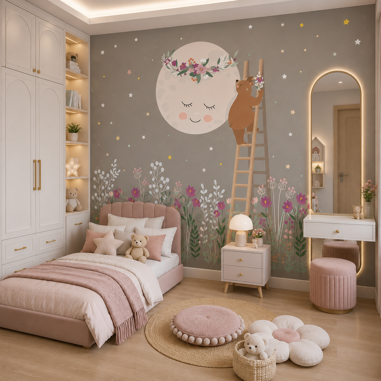 Dreamy Moon & Bear Floral Kids Wallpaper