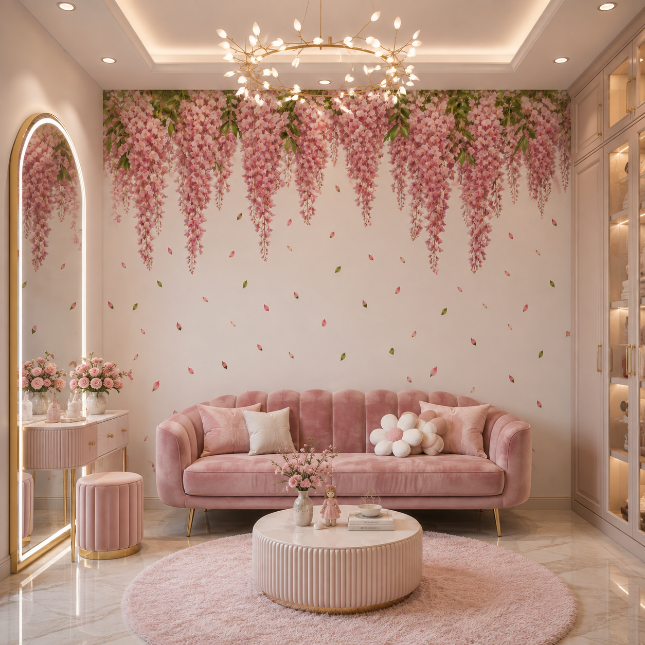 Blush Pink Wisteria Hanging Floral Wallpaper