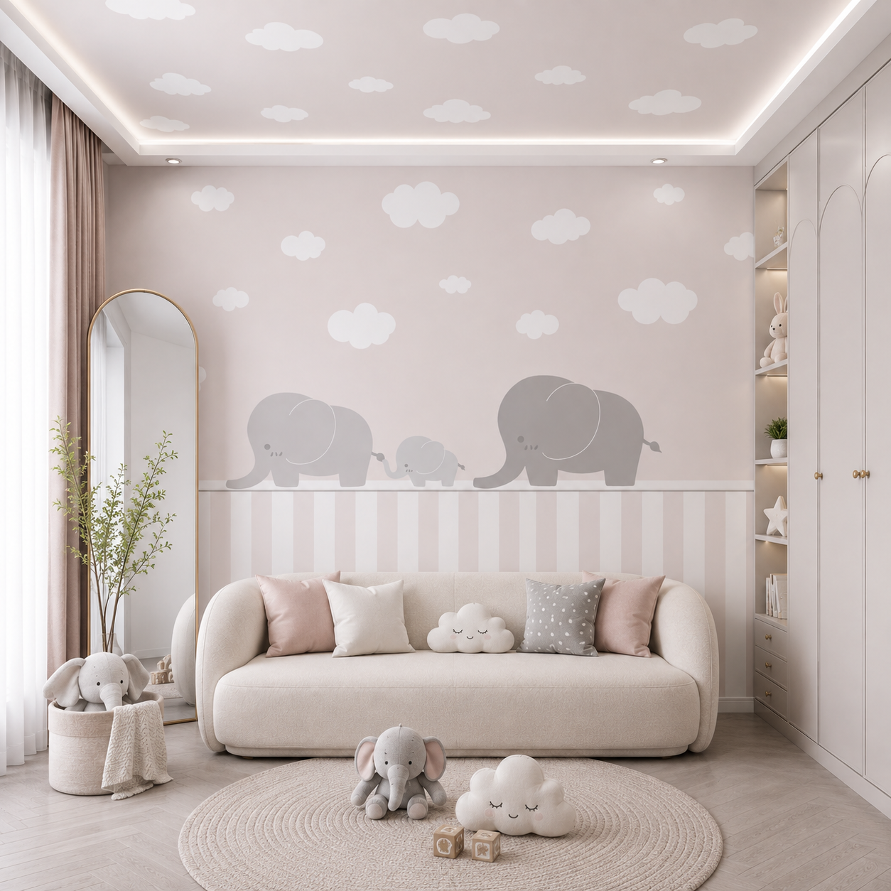 Dreamy Elephant & Clouds Kids Room Wallpaper