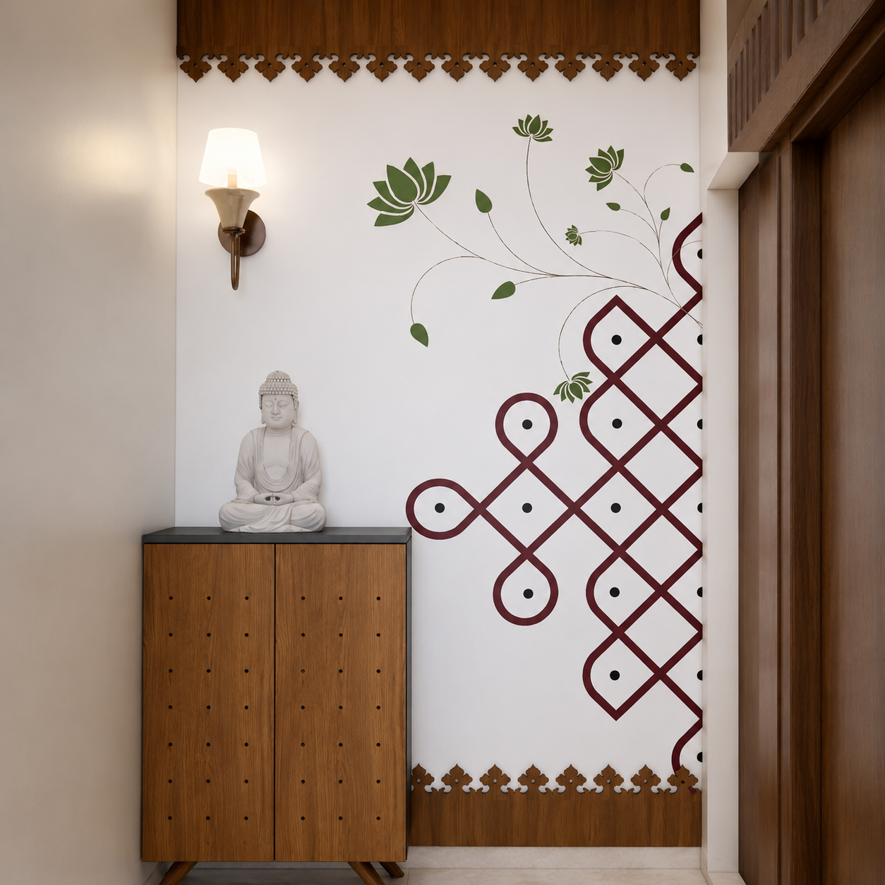 Sacred Lotus Kolam Pooja Room Wallpaper