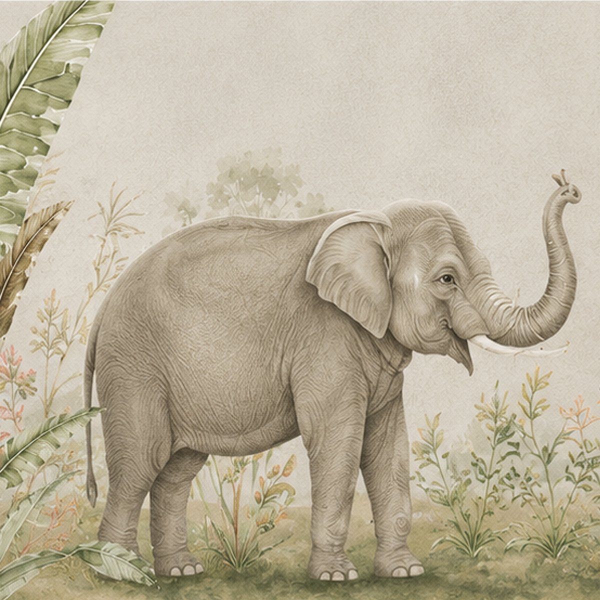Luxury Safari Botanical Wallpaper – Elephant & Tropical Garden Wall Mural thumb 2