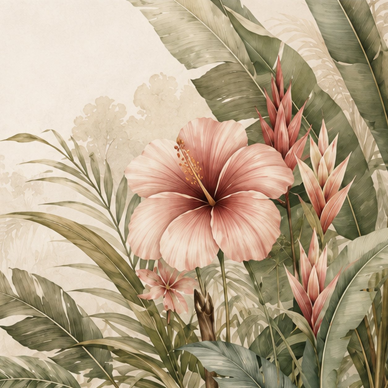 Vintage Tropical Hibiscus Wallpaper | Elegant Botanical Wall Mural thumb 4