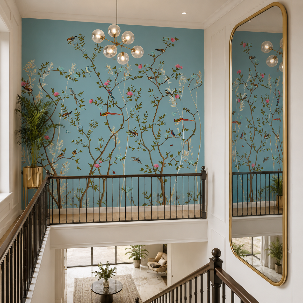 Sky Blue Botanical Birds Wallpaper – Luxury Nature Wall Mural thumb 2