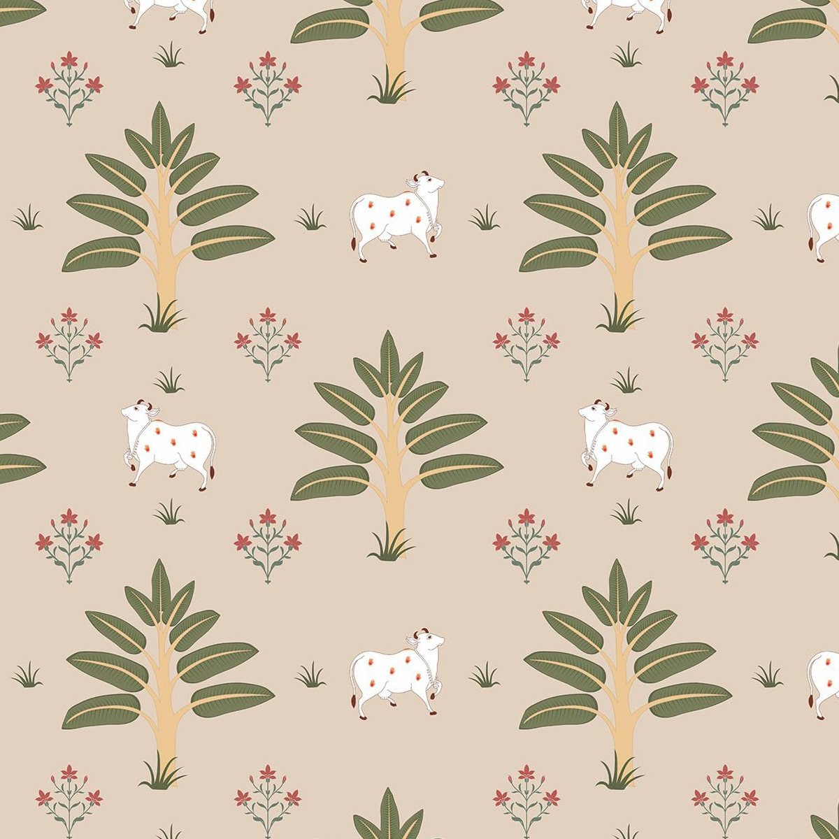 Pichwai Cow & Tree Wallpaper | Traditional Temple Wall Mural thumb 2