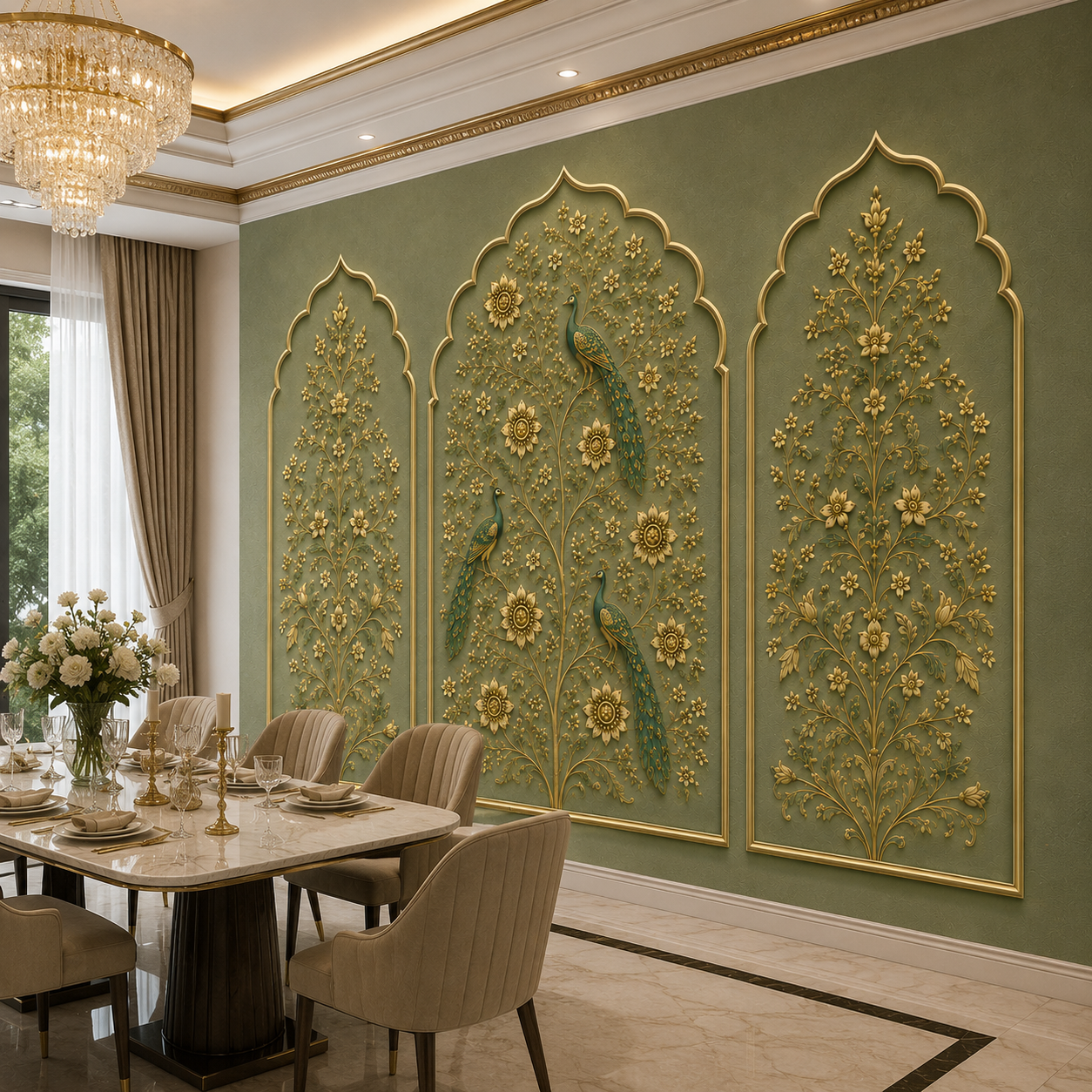 Luxury Peacock Arch Wallpaper – Sage Green Floral Wall Mural thumb 2