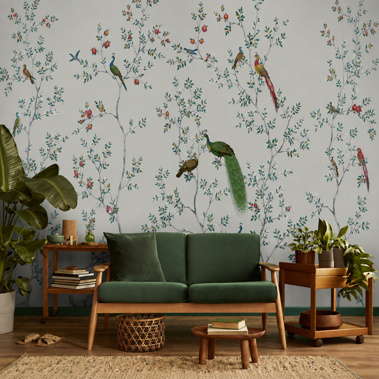 Luxury Chinoiserie Peacock & Botanical Wallpaper – Premium Nature Wall Mural thumb 2