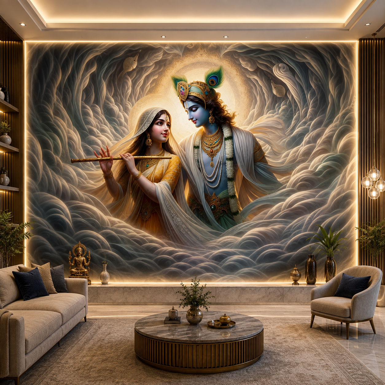 Divine Radha Krishna Peacock Feather Wallpaper | Luxury 3D Spiritual Wall Mural thumb 2