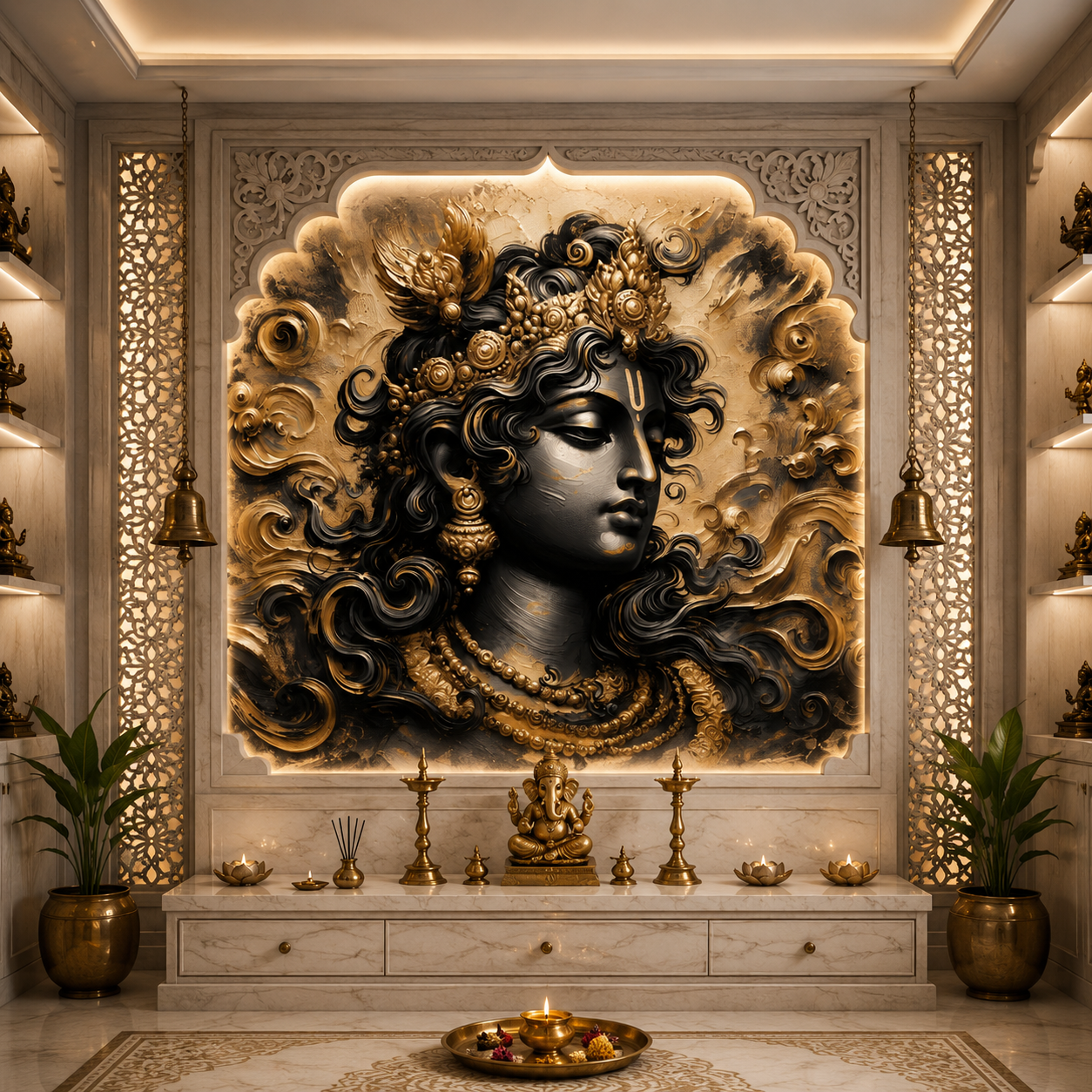 Divine Radha Krishna Peacock Feather Wallpaper | Luxury 3D Spiritual Wall Mural thumb 3