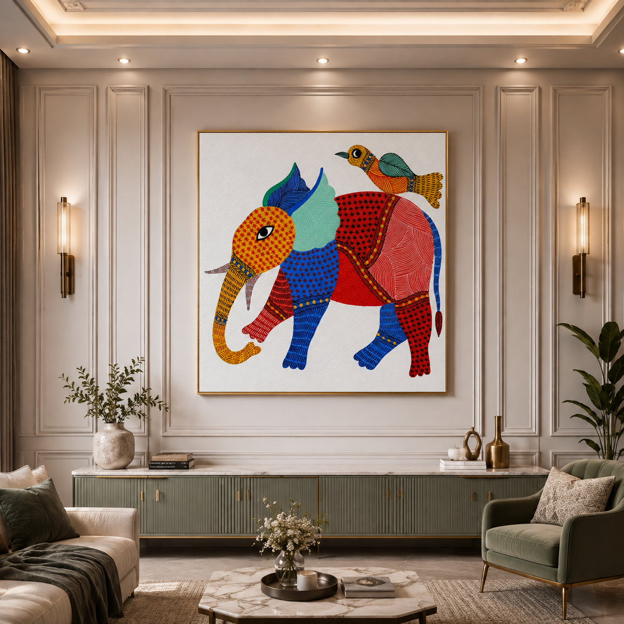Colorful Elephant & Bird Folk Art Painting thumb 2