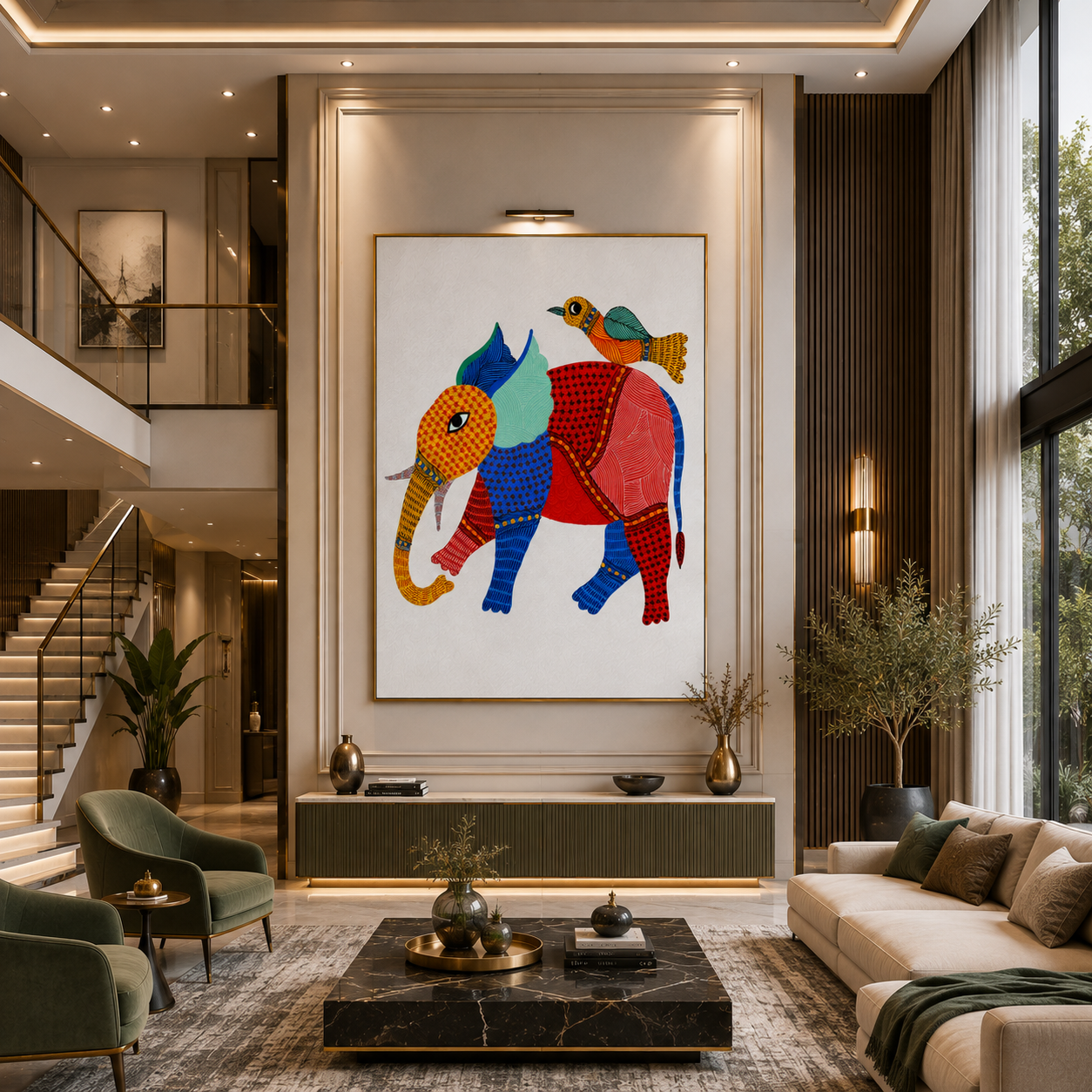 Colorful Elephant & Bird Folk Art Painting thumb 3