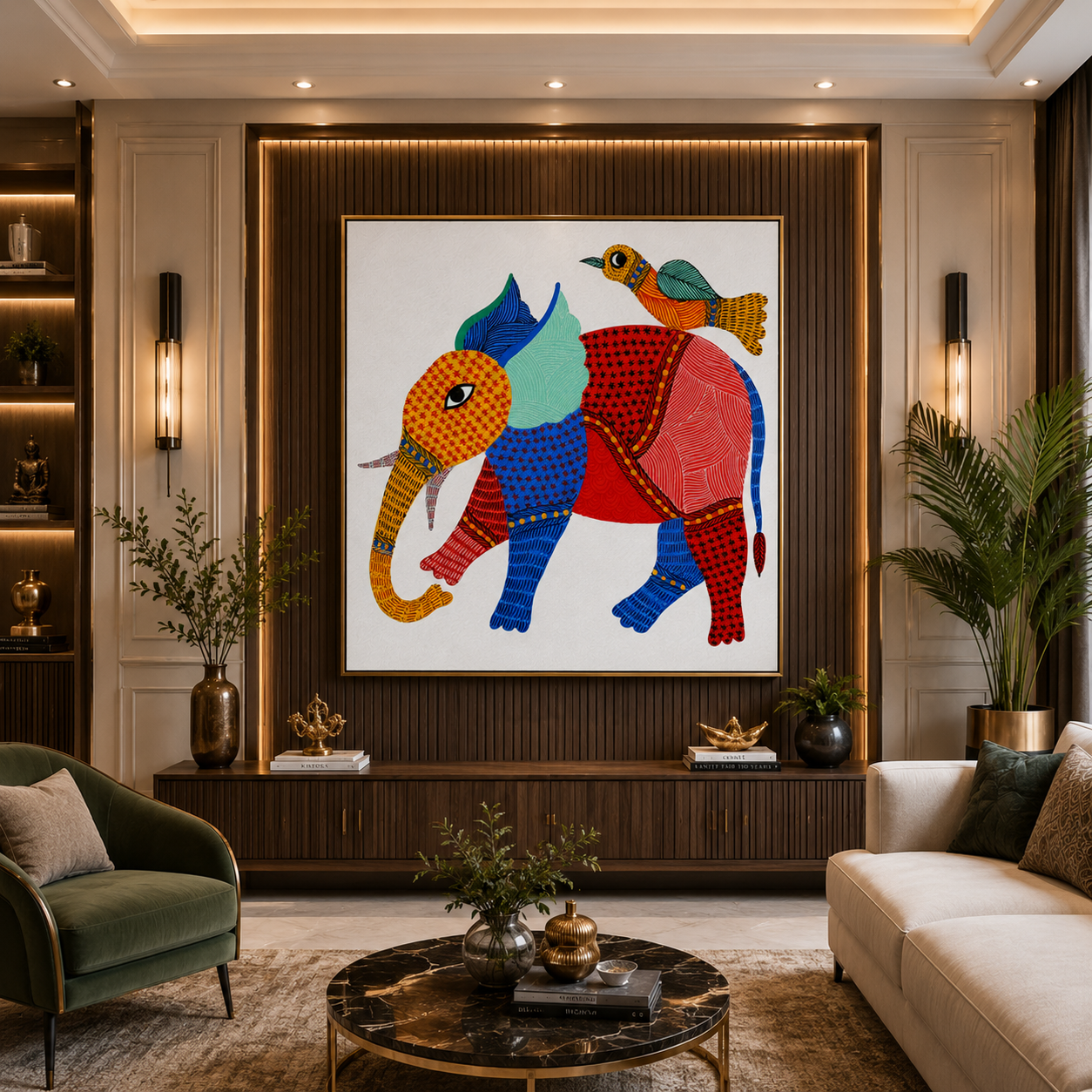 Colorful Elephant & Bird Folk Art Painting thumb 4