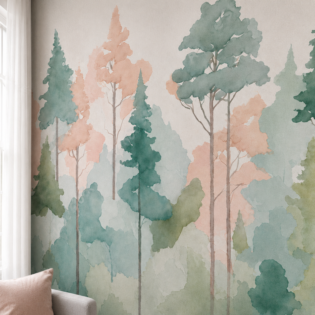 Pastel Watercolor Forest Kids Room Wallpaper thumb 2