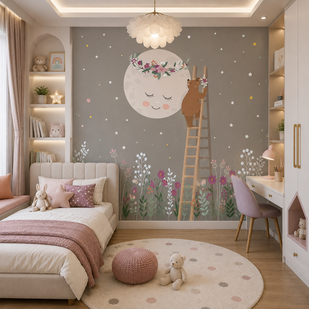 Dreamy Moon & Bear Floral Kids Wallpaper thumb 3